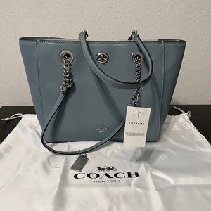 Medium Pebble Leather Coach Turnlock Chain Tote Sage